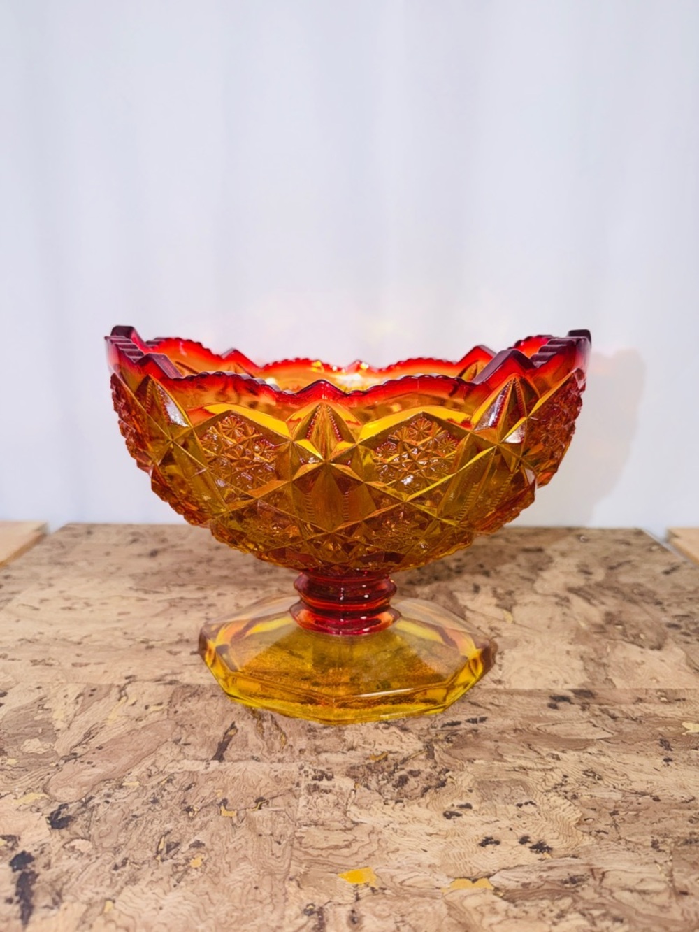 Amberina McKee Kemple Toltec Design Oval Footed Saw Tooth Edge Compote Bowl - Picture 1 of 6